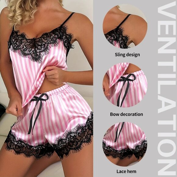 NIP - 2Pc Sexy Camisole Pink & White Stripe with Lace Edge V-Neck Pajama Set - L - Picture 5 of 6